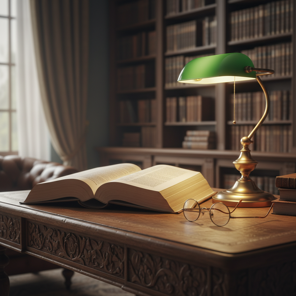 고풍스러운 나무 책상 위에 가죽 양장의 철학 서적이 펼쳐져 있고 그 옆에 빈티지한 안경과 은은한 황색 조명의 스탠드가 놓여 있는 정적인 서재 풍경