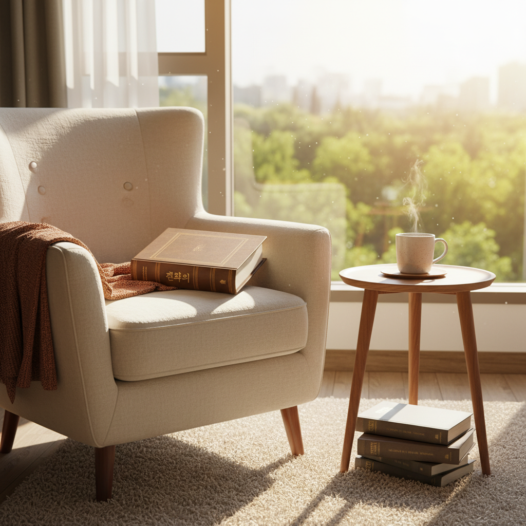 따뜻한 햇살이 비치는 창가 옆 편안한 안락의자 위에 철학 책이 놓여 있고 김이 모락모락 나는 커피 한 잔이 곁들여진 아늑한 독서 공간의 모습