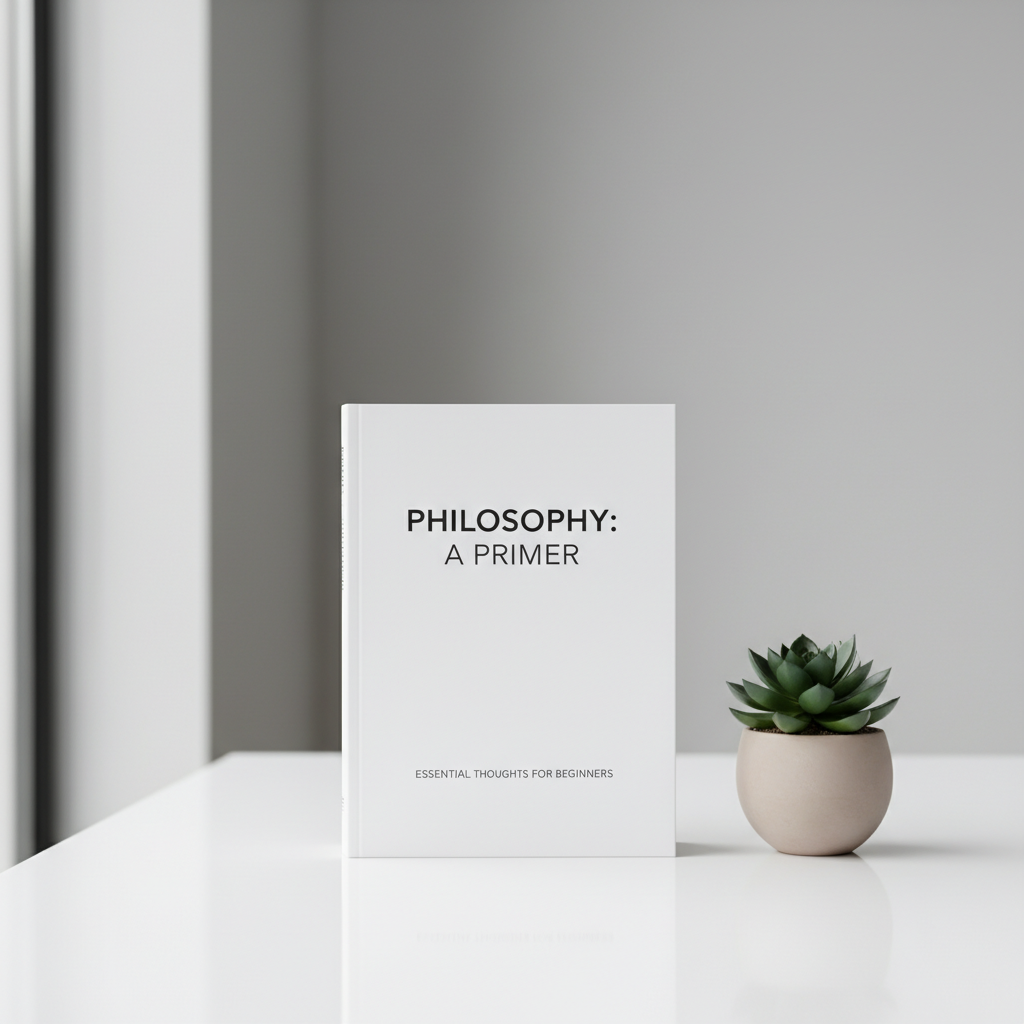 현대적이고 미니멀한 화이트 톤의 책상 위에 깔끔하게 디자인된 철학 입문서와 작은 초록색 다육 식물이 놓여 있는 깨끗하고 집중력 있는 분위기