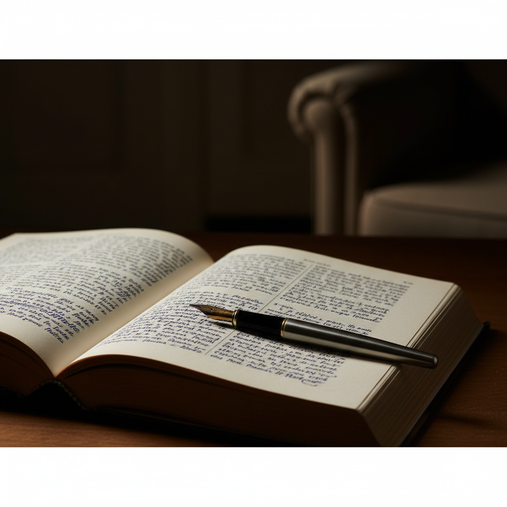 깊은 밤 어두운 방 안에서 스탠드 불빛만이 책 페이지를 비추고 있으며 여백에 손글씨로 빼곡하게 적힌 철학적 사유의 흔적과 만년필이 돋보이는 클로즈업 샷
